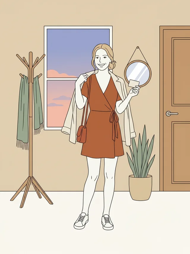 La jeune femme dessinée du guide, dans une entrée d'appartement, enfile une veste claire et tient une petite carte vierge
